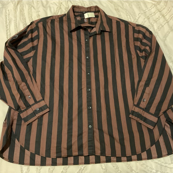 NWT Viral aerie Black & chocolate brown Striped Button-Down good day Shirt XL - Picture 3 of 7